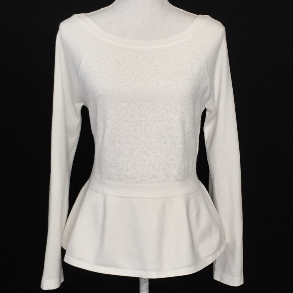 WHBM White peplum & lace sweater.  Sz L. EUC.